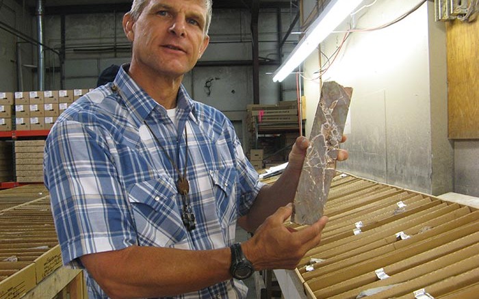 Mac Jackson, Gold Standard Ventures' vice-president of exploration, shows off a core sample from the Railroad gold project in northern Nevada. Photo by Alisha Hiyate