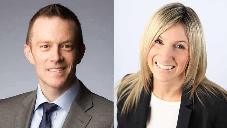 Nolan Watson, president and CEO of Sandstorm Gold, and winner of the YMP's Peter Munk Award for 2016; and Alicia Woods, founder of Covergalls and general manager of Marcotte Mining Machinery Services, and winner of the YMP's Eira Thomas Award for 2016.