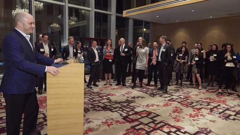 Stephen Stewart, a director of the Young Mining Professionals Toronto branch and CEO of Orefinders Resources, address the crowd at the YMP Awards gala in Toronto in March 2017. Credit: Young Mining Professionals.
